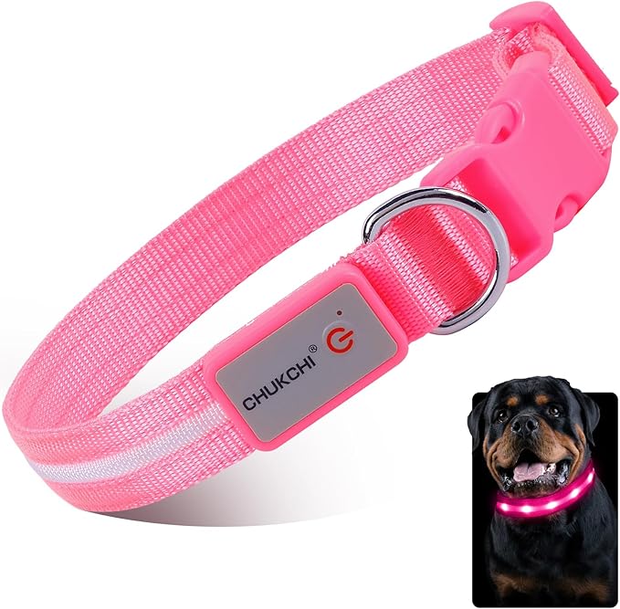 CHUKCHI LED Dog Collar Rechargeable,Waterproof Flashing Collar,Light Up Glow Collar, Adjustable Soft Safety Light Up for Small Medium Large Dogs Walking Camping at Night (Pink-S)