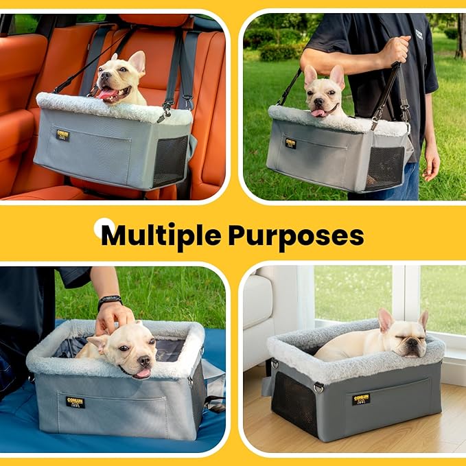 Dog Car Seat Booster for Small Pet Under 20lbs, Portable Travel Puppy Car Seat with Internal Steel Frame, Comfort Cushion & Storage Pockets, Adjustable Straps Fit Most Cars, Grey