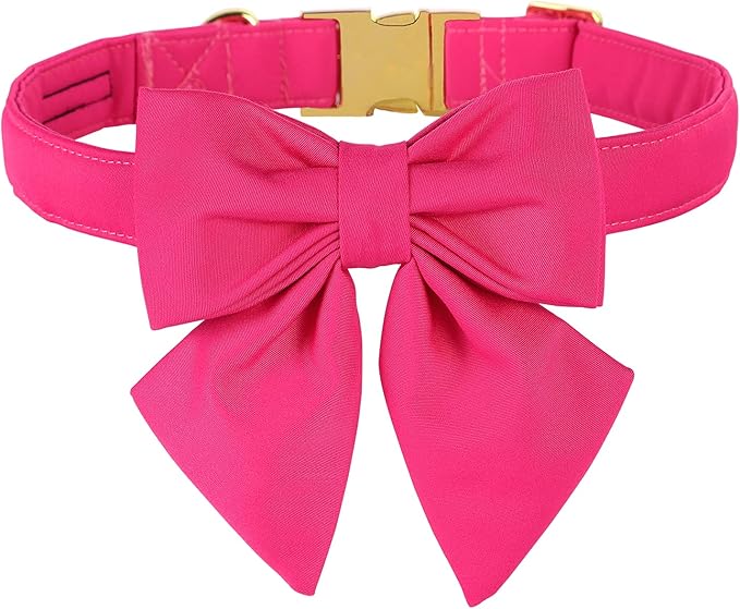 Maca Bates Hot Pink Dog Collar with Cute Rose Red Solid Sailor Bow Tie,Large Girl Boy Dogs,Girly Adjustbale Durable Breakaway Soft Collars with Bowtie for Female Male Puppy,Pet with Metal Buckle