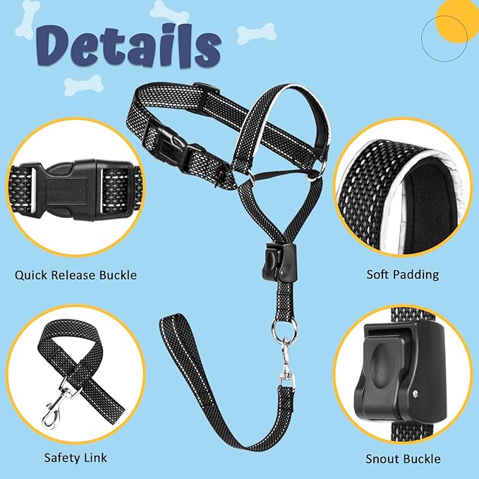 BARKLESS Dog Head Collar, Soft No Pull Head Halter, Reflective Muzzle Leash with Safety Link, Adjustable Headcollar, Padded Nose Leash for Large Medium Dogs Training Walking (Black, M)