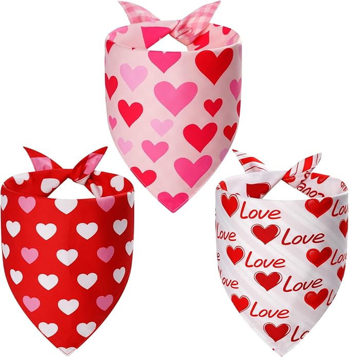 Valentines Dog Bandanas XLarge 3PCS, 6 Pattern Sweetheart Scarf for Boy and Girl, Triangle Reversible Love Bibs Breed for Puppy Pets