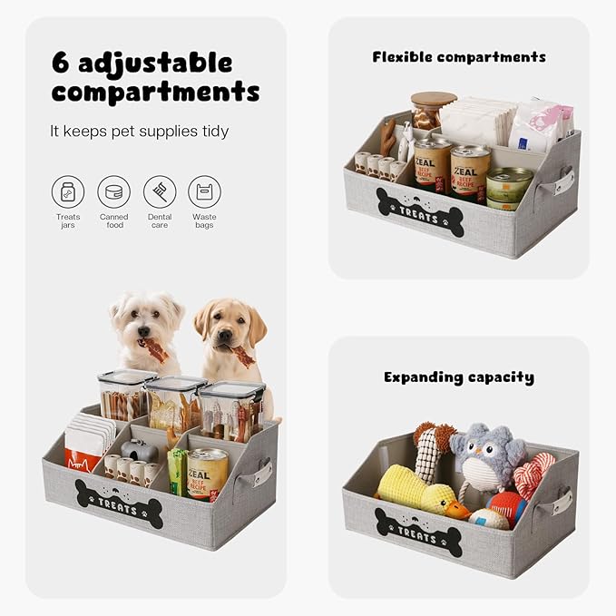 Dog Treat Container, Dogs Storage Organizer with Removable Dividers, Collapsible Dogs Treat Holder for Countertop, Trapezoid Pet Treats Containers, Dog Toy Basket with PU Handles, Medium, Gray