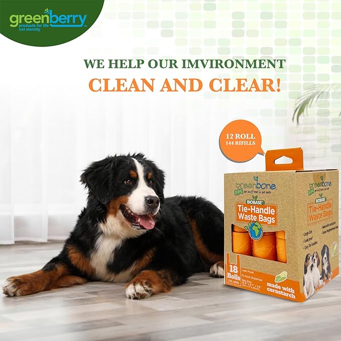Greenbone BioBase Cat or Dog Poop Bags Rolls with Handle Tie, Large Leak Proof- Pink, Green, Orange, Blue Variety bulk pack -18 rolls - 216 refills