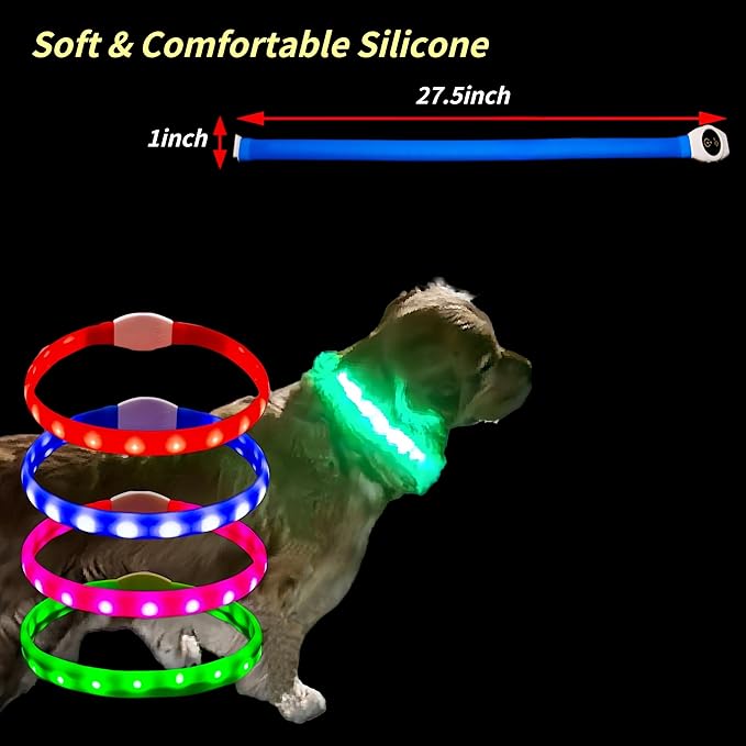 Rechargeable LED Dog Collar with Soft Silicone,Adjustable Glowing Safety Collar for Night Walks,3 Lighting Modes (Fast/Slow Flash/Steady),4 Colors (Red/Blue/Pink/Green),Fits Multiple Dog Sizes (Blue)