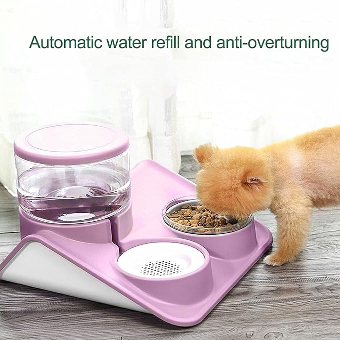 2-in-1 Double Dog Cat Bowls, Pet Water and Food Bowl Set, 1.8L Automatic Water Dispenser Detachable Bowl No-Spill Dog Waterer, Pet Feeder Auto Pets Waterer for Cat and Small Dog (Pink)