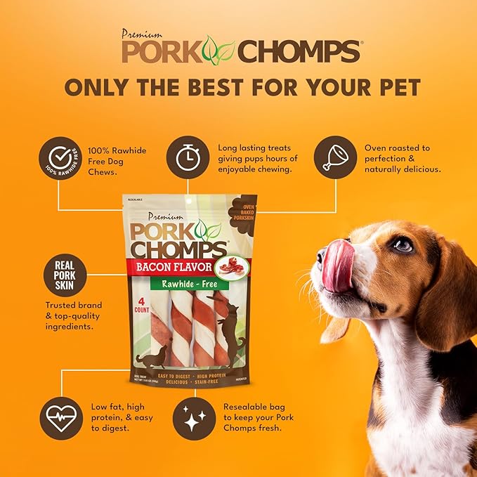 Pork Chomps Baked Pork Skin Dog Chews, 6-inch Twists, Bacon Flavor Wrap, 4 Count