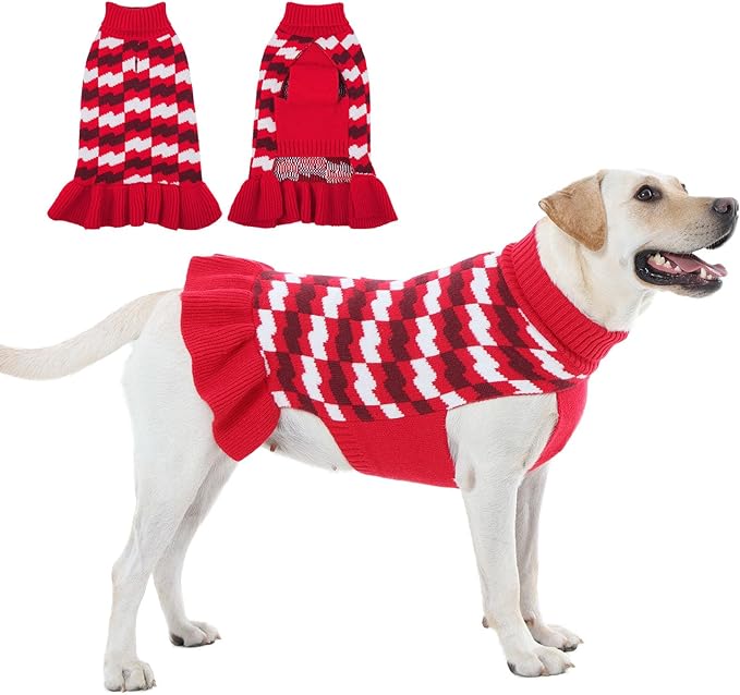 Dog Sweaters for Large Dogs Girl, Dog Sweater Dress with Leash Hole, Thick Turtleneck Knitwear for Female Dogs, Warm Fall Winter Dress for Cold Weather, Thanksgiving, Christmas - Red XL
