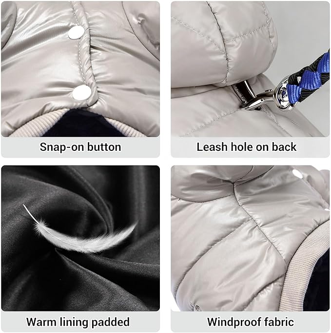 LESYPET Dog Coat for Small Dogs, Windproof Doggie Puffer Jacket with Leash Hole, Extra Warm Dog Jacket Winter Coat, Grey L