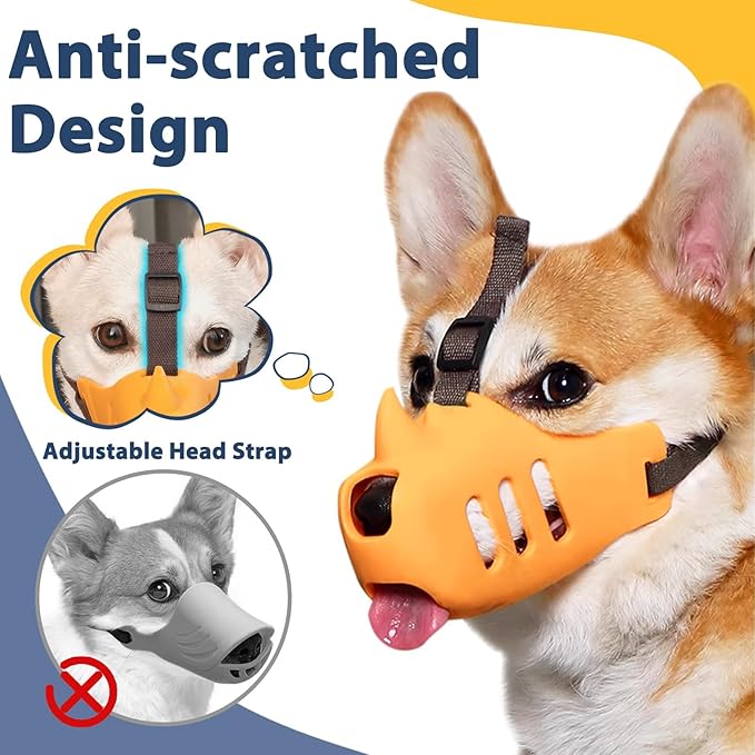 LUCKYPAW Dog Muzzle Soft Muzzle for Small Medium Dog Poodle Dachshund Silicone Cage Mouth Cover for Biting Chewing Funny Rhino Mouth Guard with Adjustable Strap (Yellow, XL-(Snout Cir:8.75-9.5in)