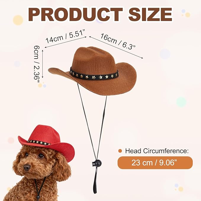 Dog Cowboy Hat, Mini Cowboy Hat for Pet with Chin Strap Adjustable Cosplay Cap, (Brown, M), Intended for Dogs and Cats/Halloween Costume/Party Decoration