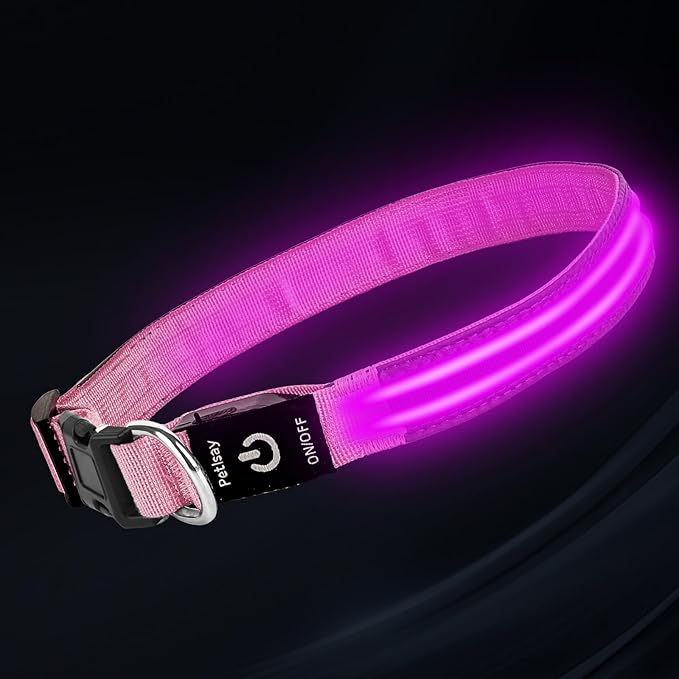 PetIsay Dog Light up Collar for Night Walking - High Visibility LED Dog Collar - Rechargeable - Waterproof - Reflective - Adjustable Lighted Glow Collars(Pink, XLarge)