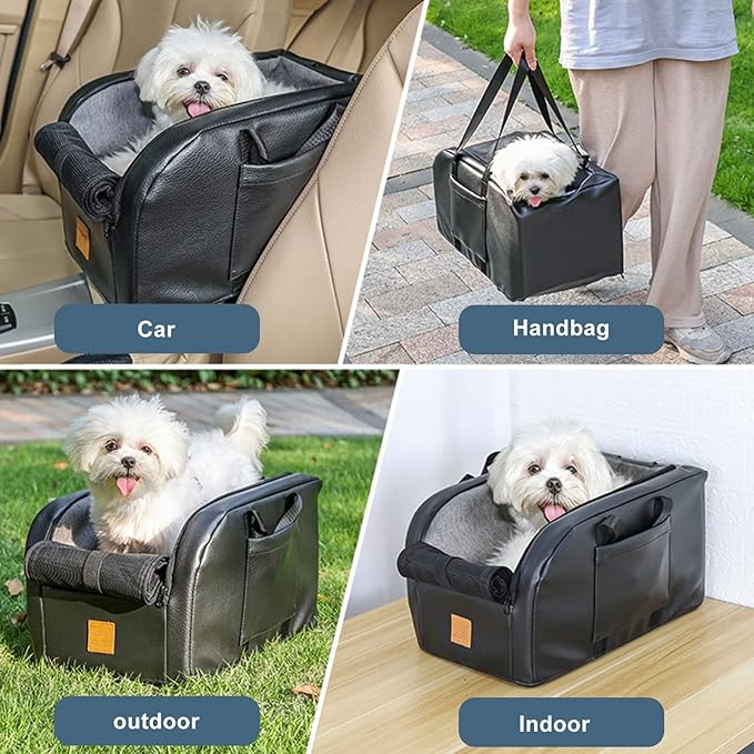 Dog Car Seat for Cat and Small Dog,Dog Booster Seat Car Armrest Nest for Car Center Console,Pet Travel Carrier Hammock Travel Bed Washable with Storage Pockets and Clip-On Leash