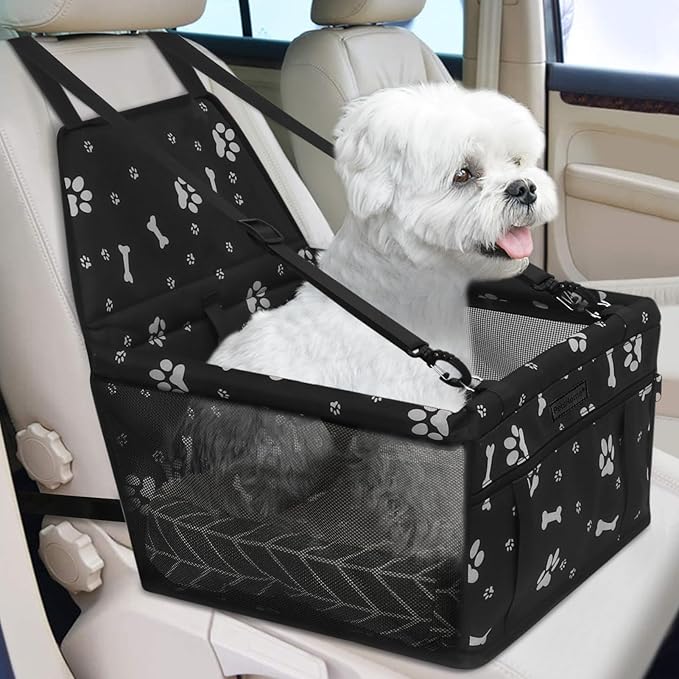 PetsHome Dog Car Seat Foldable Dog Car Booster Seat Waterproof Breathable Oxford Travel Bag for Small to Medium Dogs, Puppies, and Pets-Pattern Black+Mat