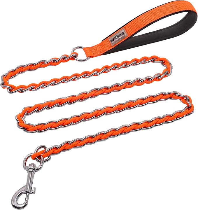 Chain Dog Leash Chew Proof Metal Leash for Medium Large Dogs, Chain Link Anti Chew 4FT Strong Anti Bite Comfortable Soft Padded Handle Orange 3.0