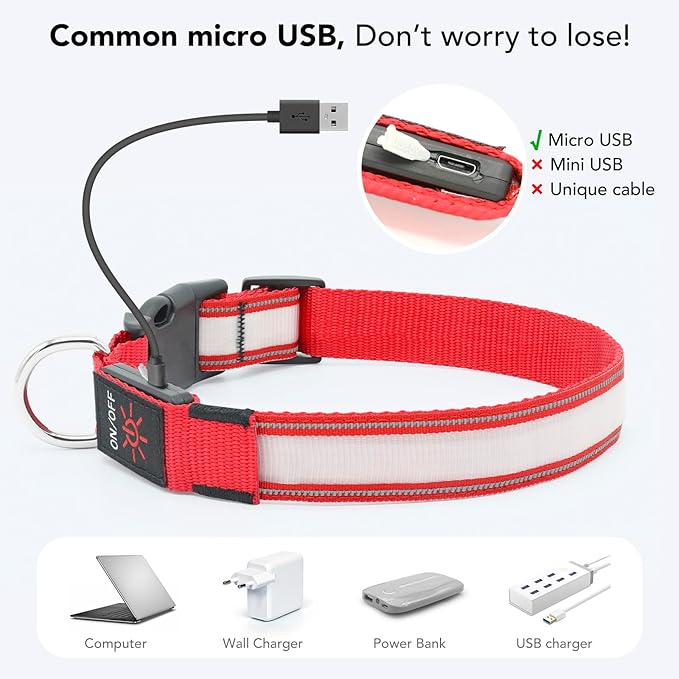 LED Light Up Dog Collars Micro USB Rechargeable Waterproof, Full Adjustable Lighted Glow Dark Dog Collar Light for Night Walking for Small Medium Large Dogs, Red