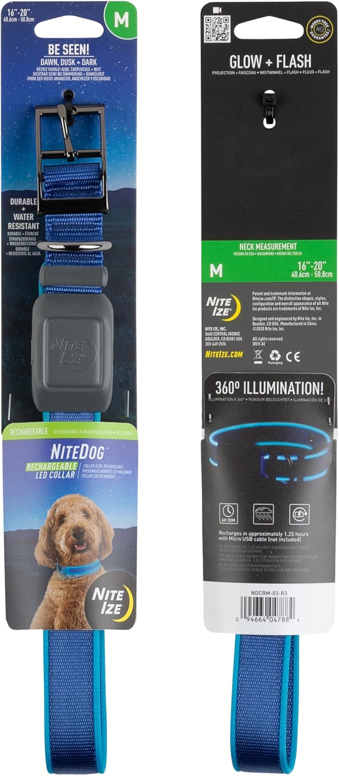 Nite Ize NiteDog Rechargeable LED Collar - Light Up Dog Collar with Durable Metal Buckle - Water-Resistant & Rechargeable Collar - Dog Supplies for Night Activities - Medium, Blue