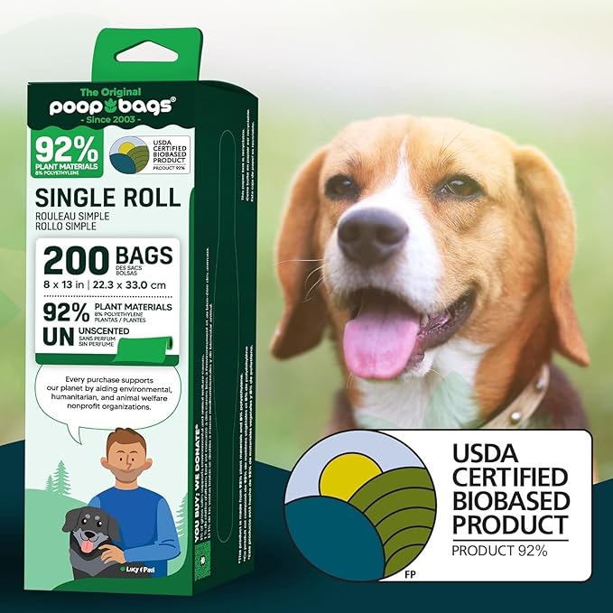 The Original Poop Bags® 92% Plant-Based Dog Waste Bags, USDA Certified Biobased, Extra-Large & Leak-Proof, Single Bulk Roll (400 Count (Pack of 2))