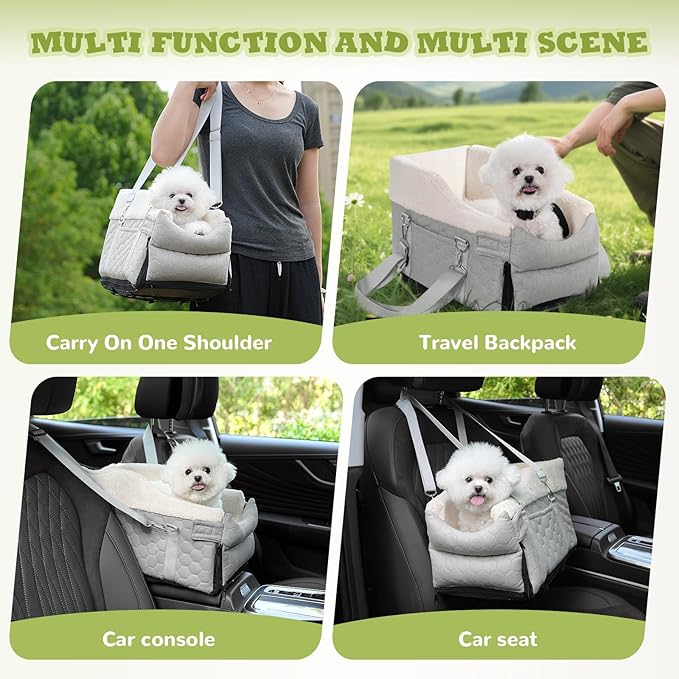 Center Console Dog Car Seat, Detachable Washable Dog Booster Seat, Adjustable Safety Belts and Built-in Leash Pet Carseat, Portable Puppy Travel Carrier with Cushion for Small Dogs Cats(Gray)