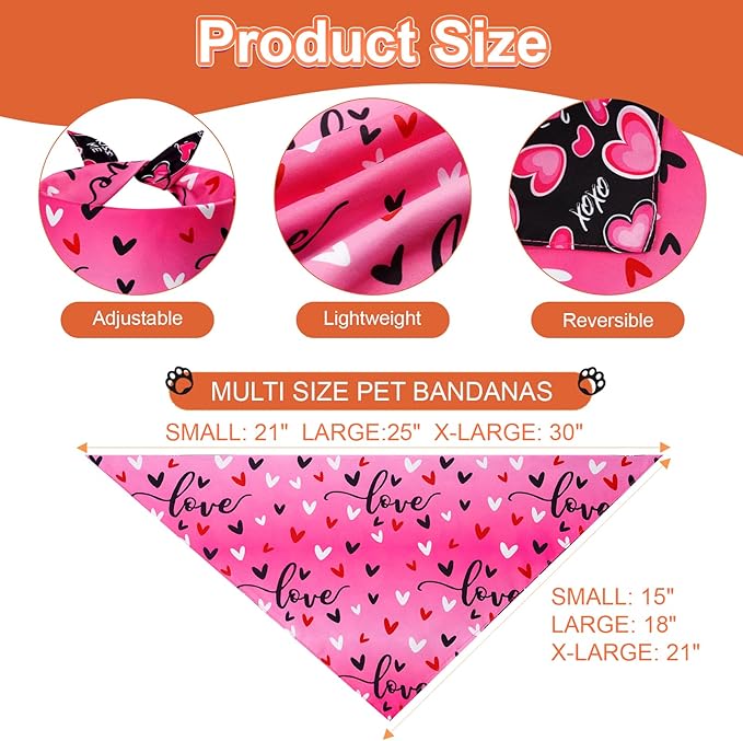 Dog Valentines Bandana Small 3PCS, 6 Pattern Sweetheart Scarf for Boy and Girl, Red Pink Black Triangle Reversible Love Bibs Breed for Puppy Pets