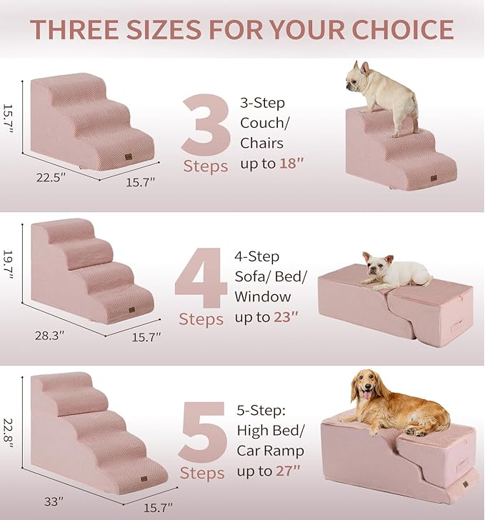 Made4Pets Dog Stairs Ramp for Bed 19.7" H, 4-Step Dog Steps for High Bed Couch Sofa Climbing, 35D Foam Pet Steps for Small Dogs and Cats, Non-Slip Bottom Pet Stairs, Pink