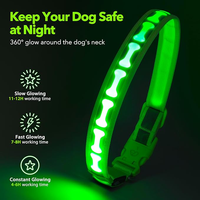 LED Dog Collar with Battery Display, Adjustable Light Up Dog Collars Rechargeable, Glowing in The Dark Reflective Light Collar Super Bright Safety Dog Light for Medium Large Small Pets (Green, M)