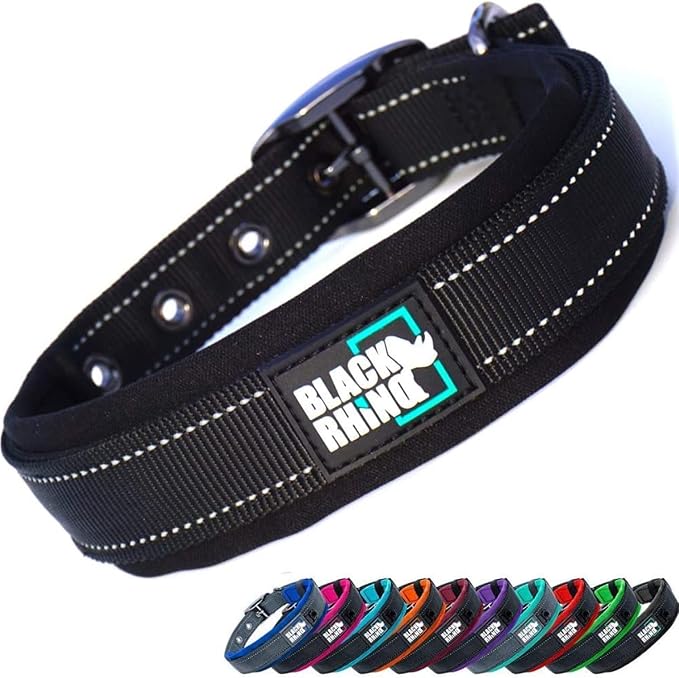 Black Rhino Dog Collar for Medium Dogs - 14-18 Inches Adjustable Reflective Dog Collar with Metal Buckle and Ultra-Soft Neoprene Padding - Heavy Duty Waterproof Collar for Active Pets - Black