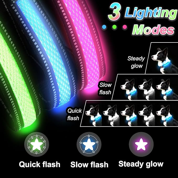 Light Up Dog Collar-Rechargeable & Long-Lasting Power LED Dog Collar Lights for Night Walking, Waterproof & Safety Glowing Collars for Medium Dogs [Pink-M]