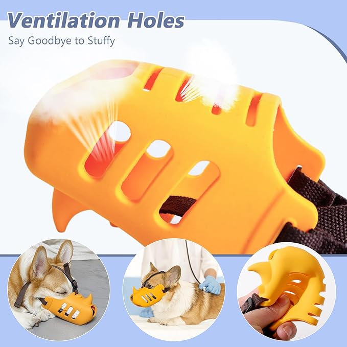 NACOCO Anti Bite Dog Muzzle - Dog Soft Mouth Rhino with Adjustable Strap Covers Breathable Silicone Cage Pet for Biting Chewing Small Medium (Yellow Rhino, M)