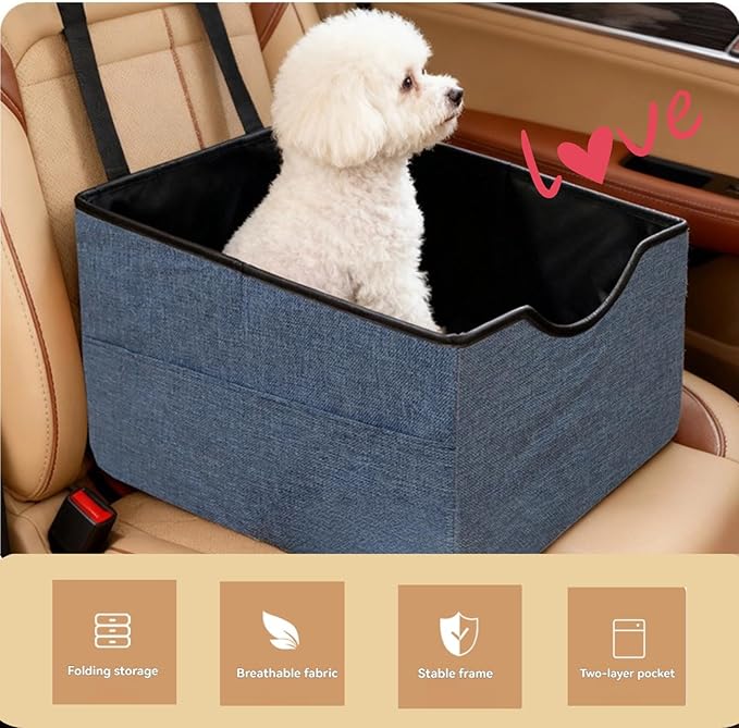 Portable Foldable Cat Dog Car Seat for Small Dogs Spacious Travel Bed with Clip-On Safety Leash Comfy Carseat with Storage Pockets Cat Puppy Car Travel Carrier Bed (Blue)