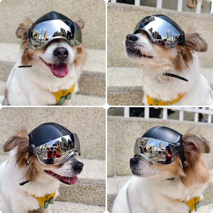 PETLESO Dog Helmet with Anti-UV Silver Goggles, Small Doggy Motorcycle Helmet with Ear Holes, Adjustable Outdoor Drop-Down Biking Safety Hat for Small Dogs Heads Protection