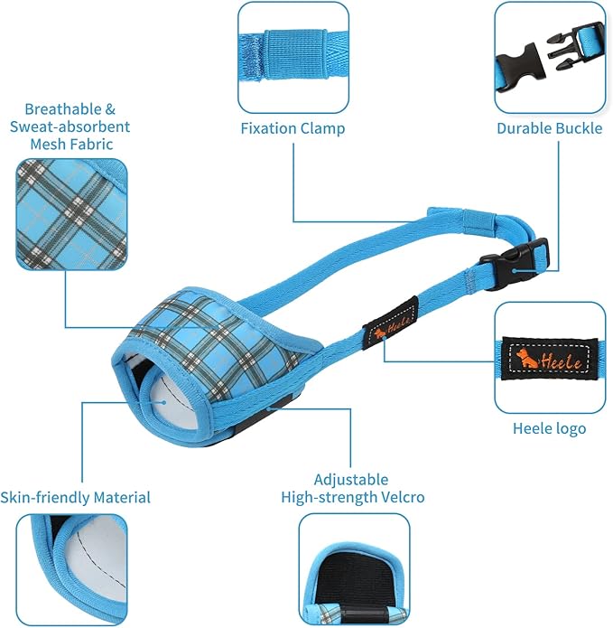HEELE Dog Muzzle,Soft Nylon Muzzle Anti Biting Barking Chewing,Air Mesh Breathable Drinkable Adjustable Loop Pets Muzzle for Small Medium Large Dogs 4 Colors 4 Sizes (P-Blue Plaid, S)