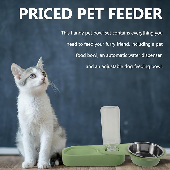 Cabilock Stainless Steel Double Pet Feeder Bowls Rotatable Corner Foldable Feeding Station with Green Base for Indoor Cats and Puppies