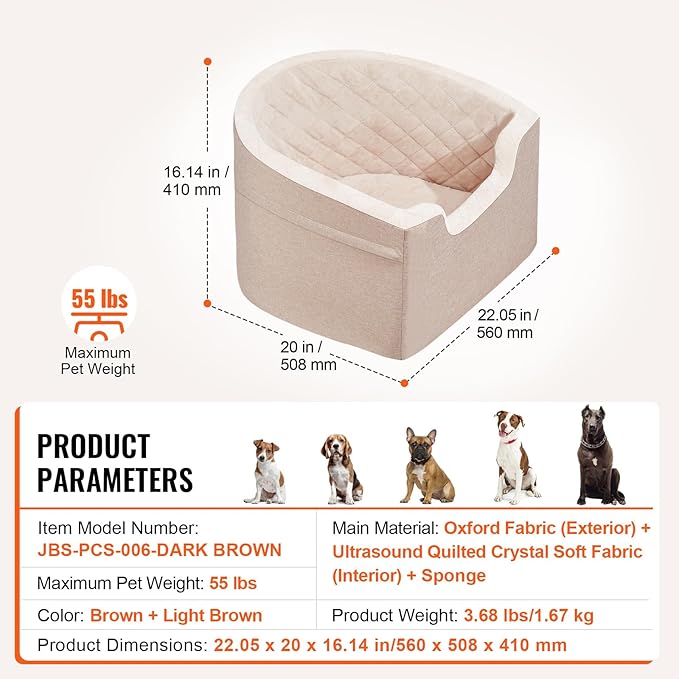 Happybuy Dog Car Seat, Waterproof Dog Booster Seat for Car with A Storage Pocket, Clip-On Safety Leash and Sponge Filling, Dog Car Bed for Small & Medium Dog up to 55lbs, Brown