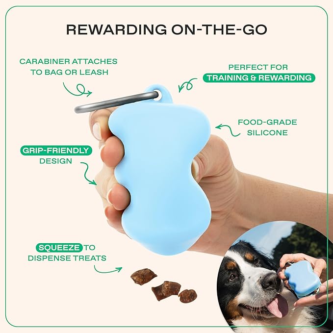 Springer Dog Treat Pouch for Effort-Free Squeeze Dispensing - Easy-Fill, Food-Grade Silicone Treat Pouches for Pet Training - Includes Carabiner-Sky Blue