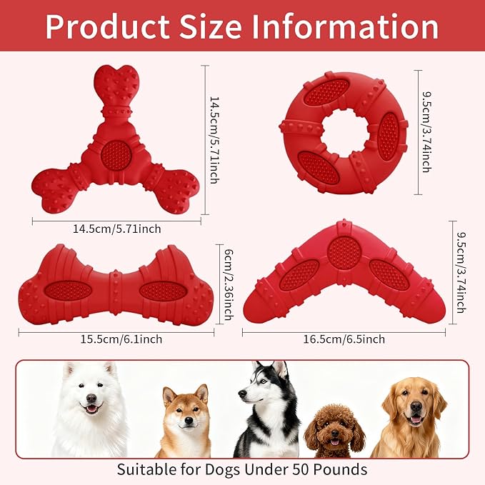 Dog Toys 4 Pack for Aggressive Chewers, Multifunctional Teeth Cleaning and Gum Massage for Puppy, Chew Toys with Natural Rubber for Small and Medium Dog(Red)