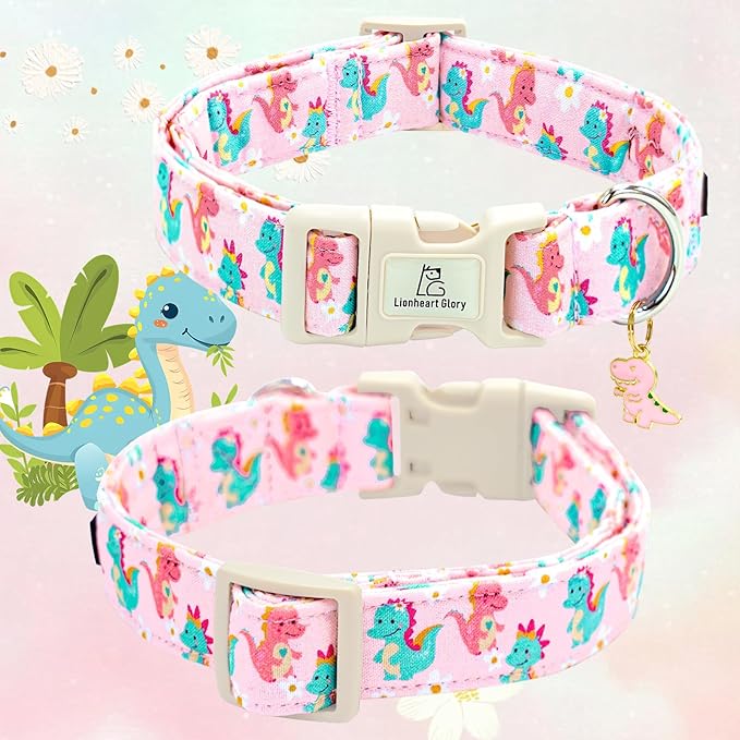 Lionheart glory Dog Collar Dinosaurs Pattern Cute Collar for Medium Dogs Spring Summer Female or Male Collars Pets Gift Adjustable Heavy-Duty Pet Collars