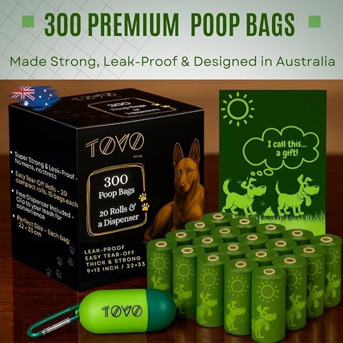 Dog Poop Bags with a Dispenser | 300 pcs, 20 Rolls, 9"x13" | Leak-Proof, Extra Strong, Thick Waste Bag | Easy Tear-Off Rolls | Unscented Green | Cat Waste Bags | Dog Waste Cleanup