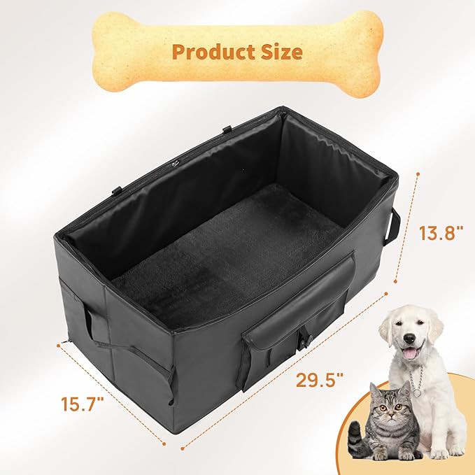 Black Dog Booster Seat for 2 Small Dogs or Medium Dog – Upgraded PU Leather Waterproof Anti-Odour Car Seat with 2 Safety Belts, 2-Sided Cushion & Storage Pockets
