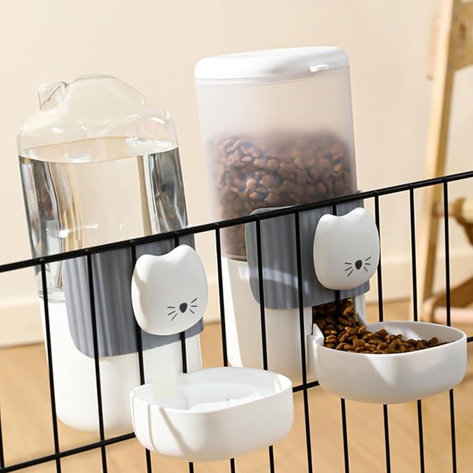 2Pieces Auto Dog Feeder with Cartoon Face Hanging Mount Food Water Bowl Easy Maintenance for Kittens & Puppies Hanging Pet Feeders