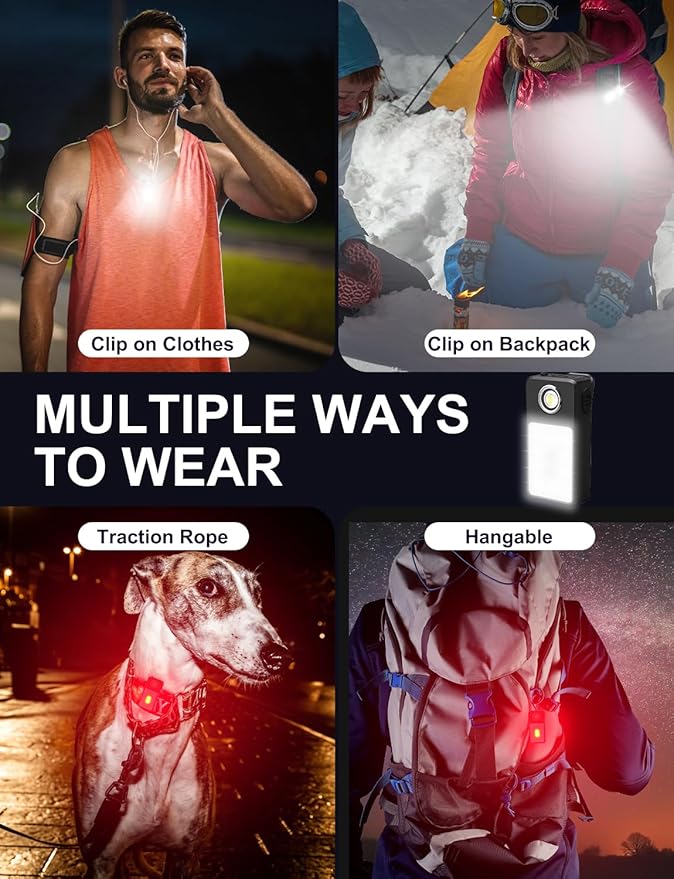 Clip on Flashlight, Rechargeable Safety Running Light with 3 Modes, Running Lights for Runners are IPX7 Waterproof, Hands Free Flashlight for Walking, Hiking, Dog Walking & Camping (2 Pack)