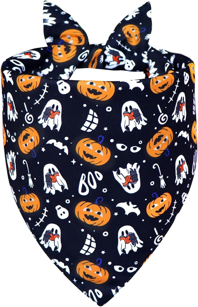 Halloween Dog Bandana for Large Dogs - Reversible Black Skull Pumpkin Print Scarf - Soft & Quick-Dry for Costume Parties