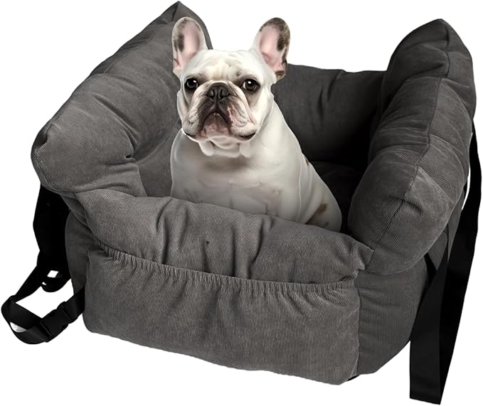 Pet Car Booster Seat, Soft Corduroy, Small Dog Cat Carrier with Safety Straps, Storage Pockets, 18x16x9 Inch, for Pets Under 25 lbs (Dark Brown)