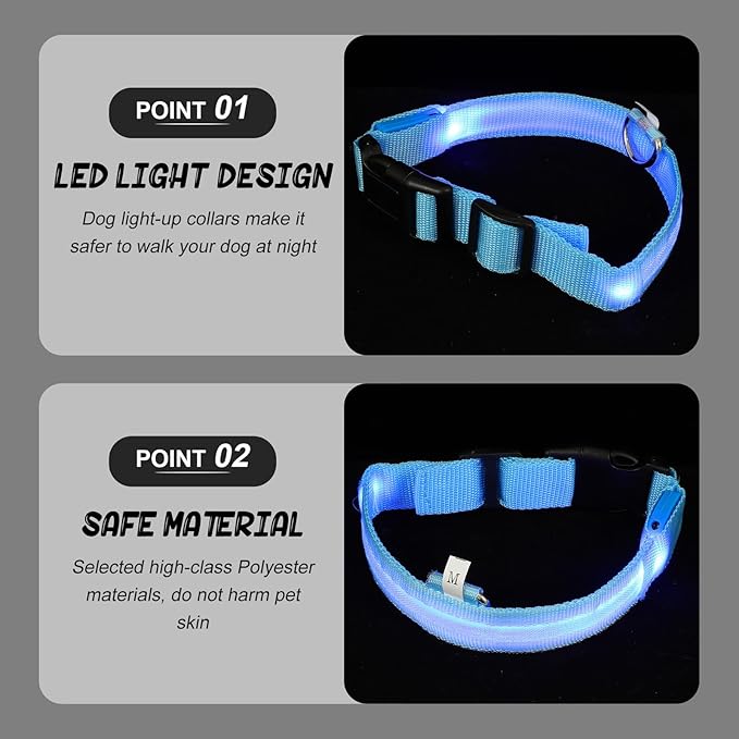 Happyyami Adjustable Rechargeable Blue Light up Dog Collar Small Size LED Night Glowing Pet Neck Decor Safety Collar for Puppies and Cats