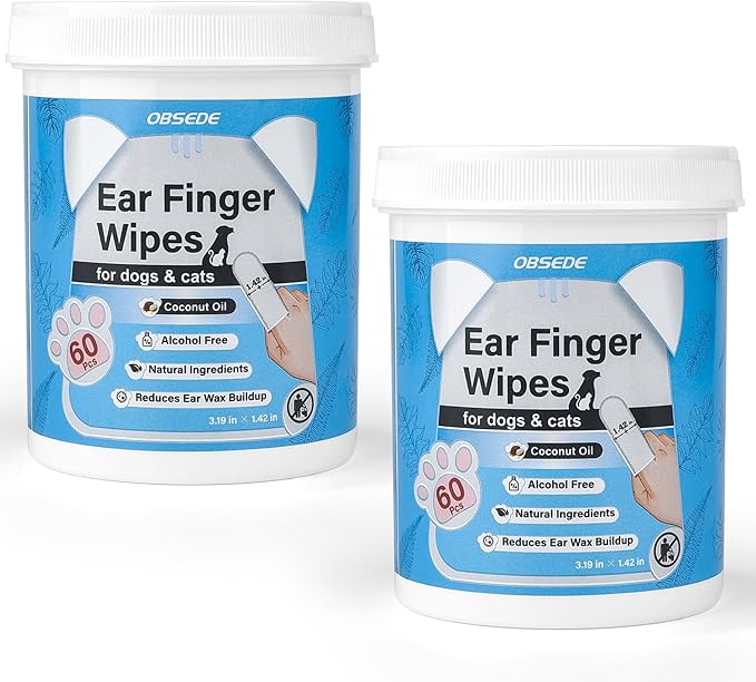 OBSEDE Dog & Cat Ear Wipes, Finger Sleeve Design for Gentle Wax & Dirt Reduce, Odor Control, Fresh Coconut Scent, Easy at-Home Pet Grooming, 120 Count