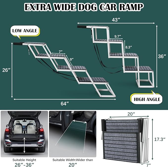 Dog Ramp for Car, Extra Wide Dog Car Stair for Large Dogs, Pet Steps Lightweight Aluminum Foldable Dog Steps for Cars and SUV,High Beds, Trucks, Supports up to 200 lbs (Extra Wide-4 Steps with Rug)