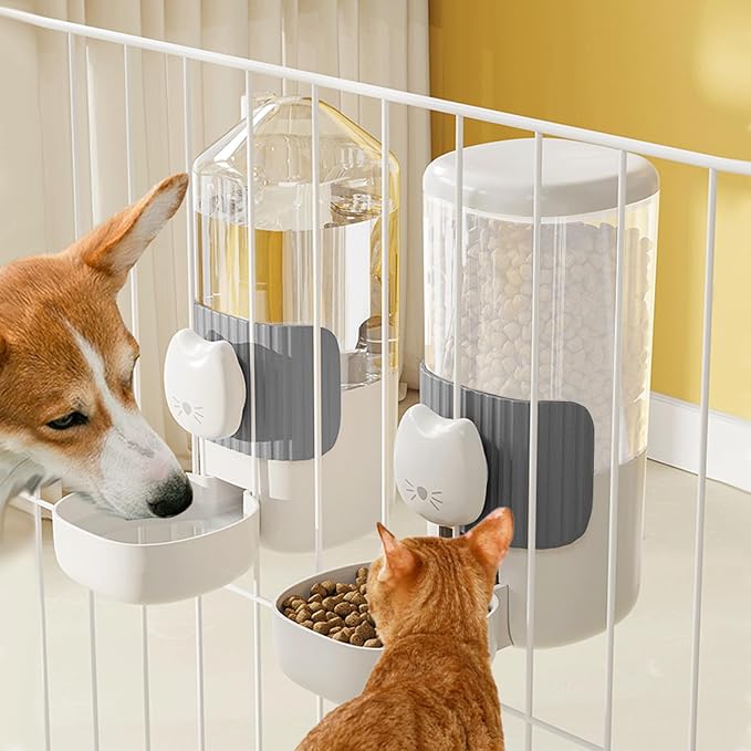Yummy Sam Hanging Automatic Small Pet Food Water Dispenser, Auto Gravity 0.8L Cat Feeder and 0.87L Water Dispenser, Self-Feeding and Waterer Set Kennel Feeding Station for Puppy Cats (Grey White)