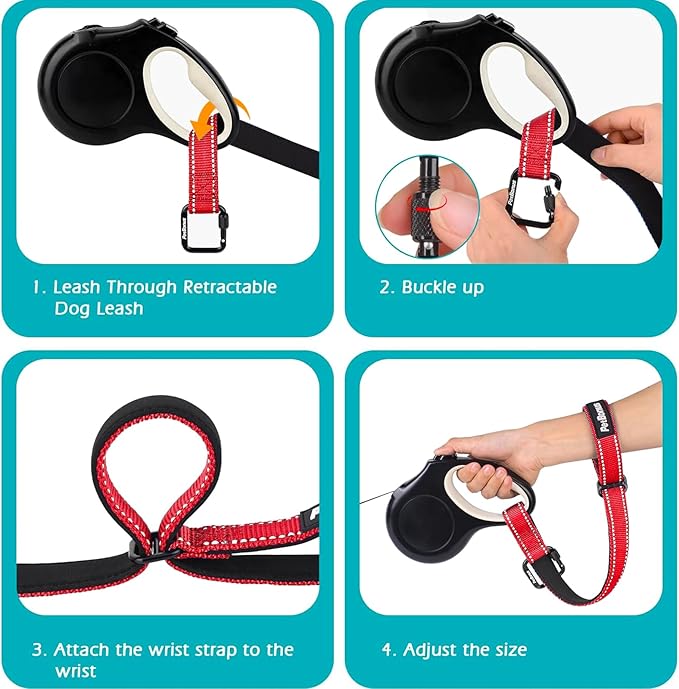 PetBonus Dog Leash Wrist Strap, Safety Strap for Retractable Leash, Lockable Reflective Short Dog Walking Lead with Adjustable Soft Padded Handle, Extra Layer Security for Pet Stroller (Red)