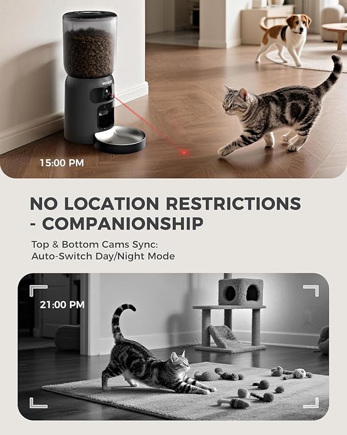 5L Automatic Cat Feeder with Dual 2K HD Camera, 2.4G / 5G WiFi Cat Food Dispenser with Cats Recognition& Diet Tracking, Laser Interactive Toy & Two-Way Audio