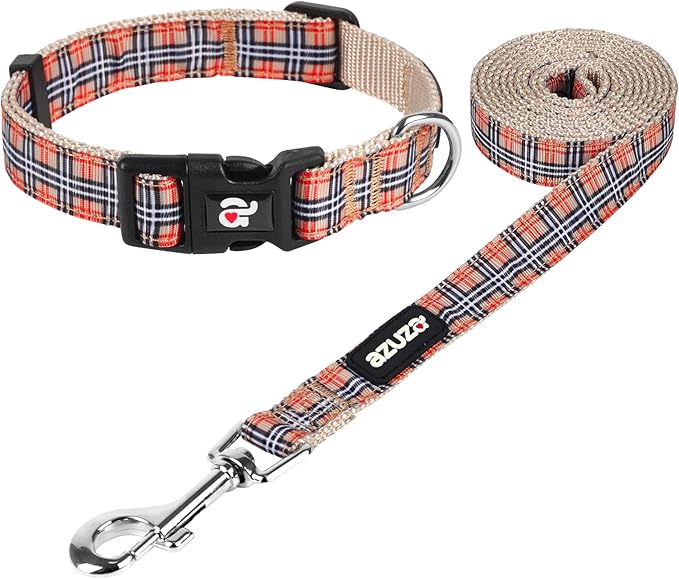 azuza Dog Collar and Leash Set, Classic Plaid Dog Collar with Matching Leash for Small Dogs, Great for Christmas, New Year, Festivals and Daily Use