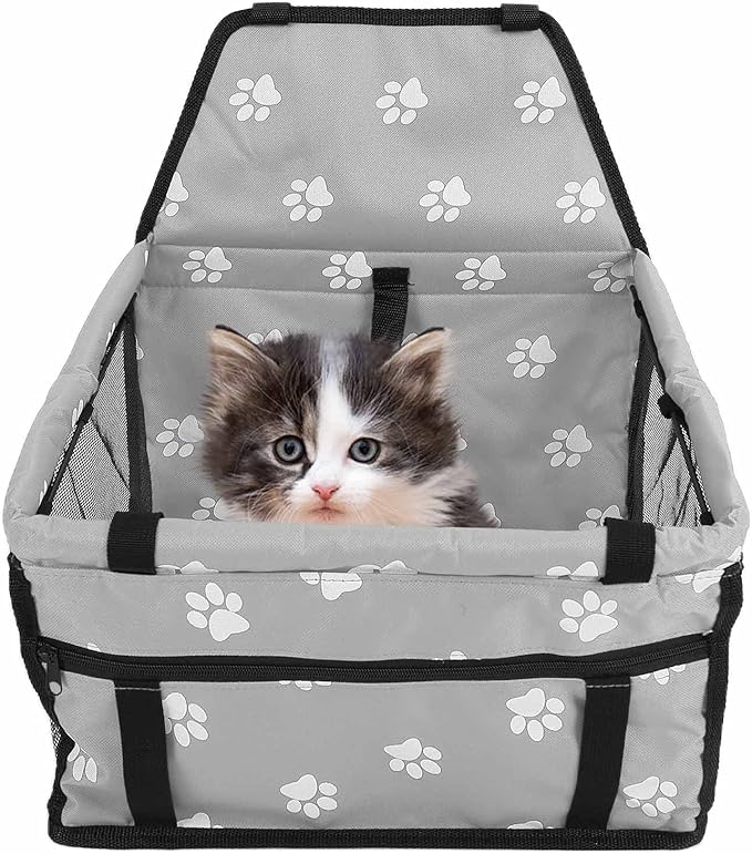 Pet Carrier Cage Dog Car Seat Bear Pattern Washable Foldable Pet Safety Travel Seat with Support Rod for Cars Oxford Cloth Material (Gray paw Print Support Stick Style)